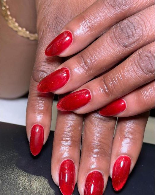 Glossy red gel nails