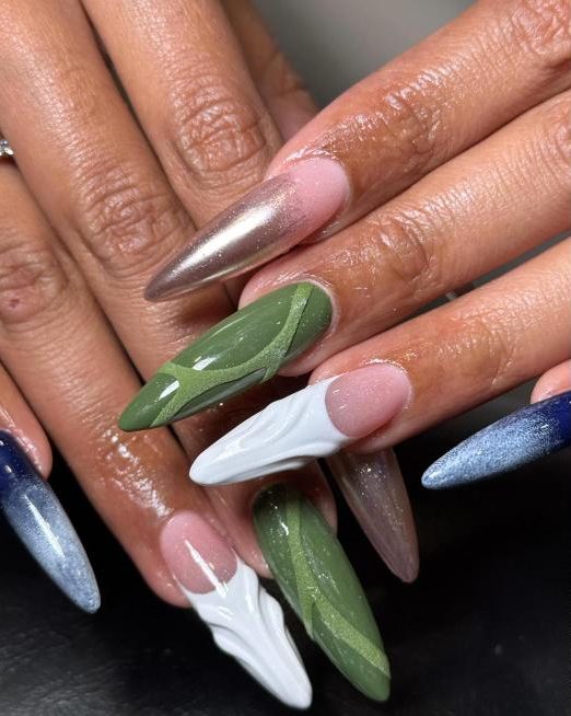 Almond nail art in green, chrome and white